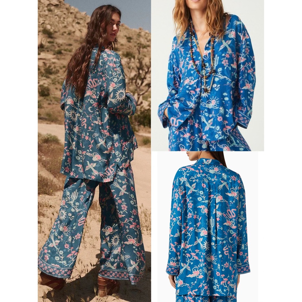 NWT Spell Cobalt Blue Desert Bandita Button Down Shirt XXL Jacquard Boho Top
